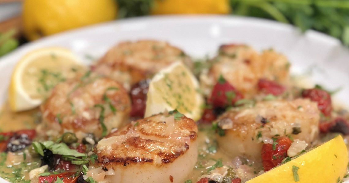 Seared Scallops With Tomato Caper Scampi Sauce Uncle Giuseppes